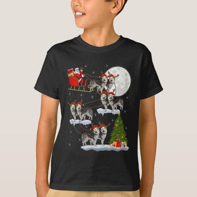 Alaskan Malamute Dog Santa Sleigh Flying Funny Chr T-Shirt (Vorderseite)