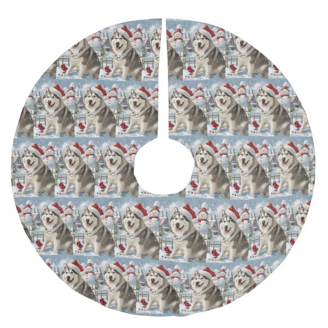 Alaskan Malamute Dog Winter Wunderland Weihnachten Polyester Weihnachtsbaumdecke (Vorderseite)