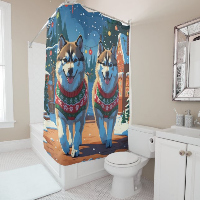 Alaskan Malamute Dogs Christmas Snow Holiday  Duschvorhang (Beispiel)