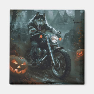 Alaskan Malamute fährt Motorrad Halloween Gruselig Magnet