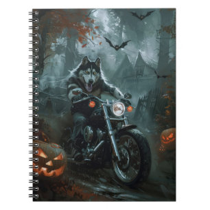 Alaskan Malamute fährt Motorrad Halloween Gruselig Notizblock
