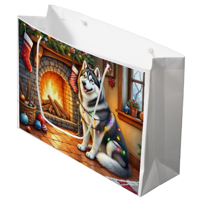 Alaskan Malamute Fireplace with Christmas Lights Große Geschenktüte (Vorderseite Schrägansicht)