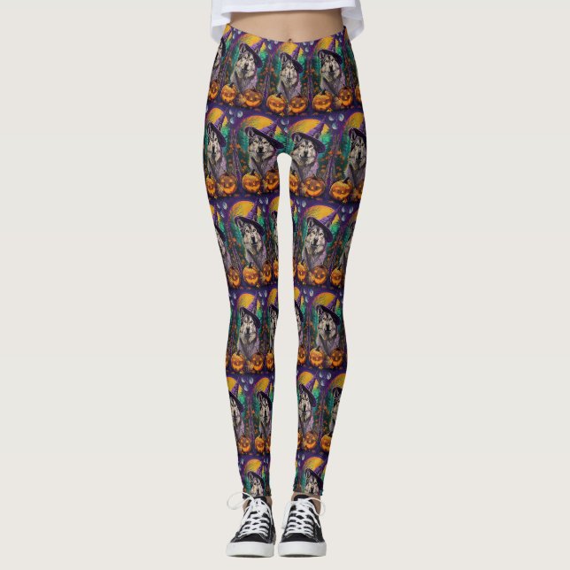 Alaskan Malamute Halloween Hexe und Pumpkin Leggings (Vorderseite)
