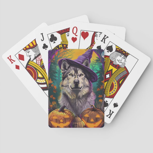 Alaskan Malamute Halloween Hexe und Pumpkin Spielkarten (Rückseite)