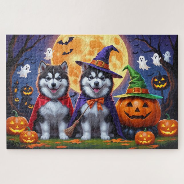Alaskan Malamute Hogs Pumpkin Halloween Funny (Horizontal)