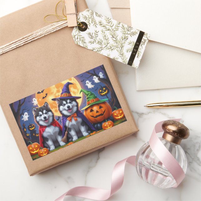 Alaskan Malamute Hogs Pumpkin Halloween Funny Rechteckiger Aufkleber (Schenken)
