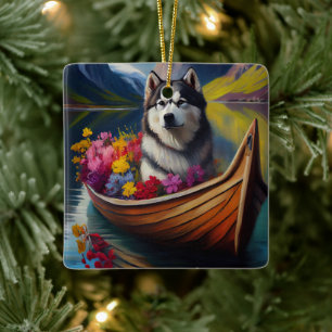 Alaskan Malamute Hund auf Paddel: Ein landschaftli Keramikornament