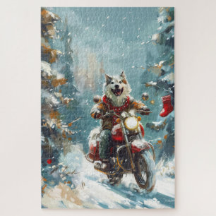 Alaskan Malamute Hund fährt Motorrad Weihnachten