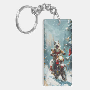 Alaskan Malamute Hund fährt Motorrad Weihnachten  Schlüsselanhänger