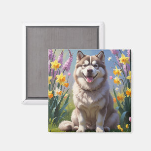 Alaskan Malamute Hund Frühlingsblumen Malerei Magnet