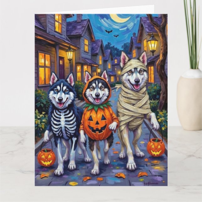 Alaskan Malamute Hunde Trick-or-Treating Halloween Karte (Vorderseite)