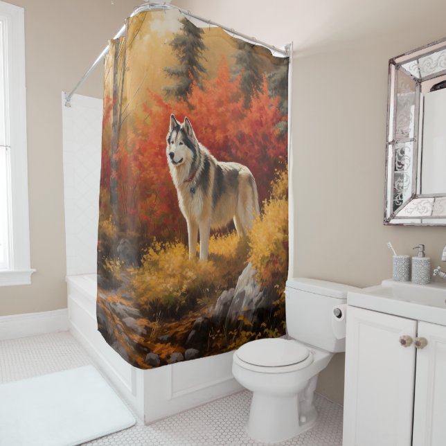 Alaskan Malamute im Herbstfall Inspiriert Duschvorhang (Beispiel)