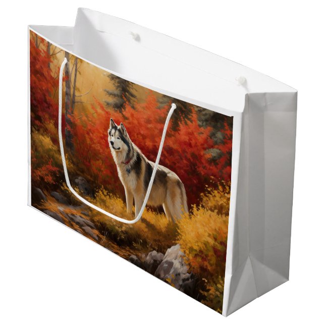 Alaskan Malamute im Herbstfall Inspiriert Große Geschenktüte (Vorderseite Schrägansicht)