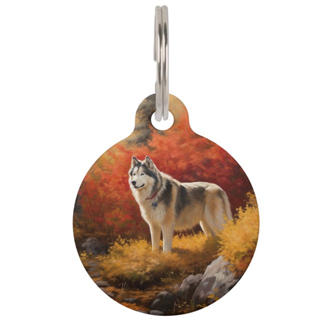 Alaskan Malamute im Herbstfall Inspiriert Haustiermarke (Vorderseite)