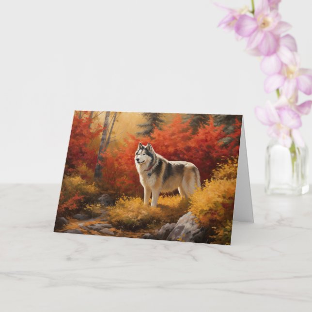 Alaskan Malamute im Herbstfall Inspiriert Karte (Orchidee)