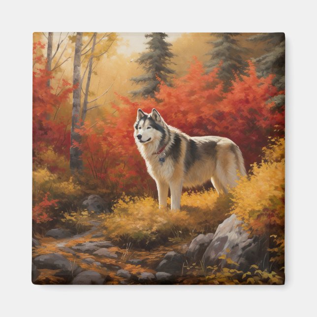 Alaskan Malamute im Herbstfall Inspiriert Magnet (Vorne)