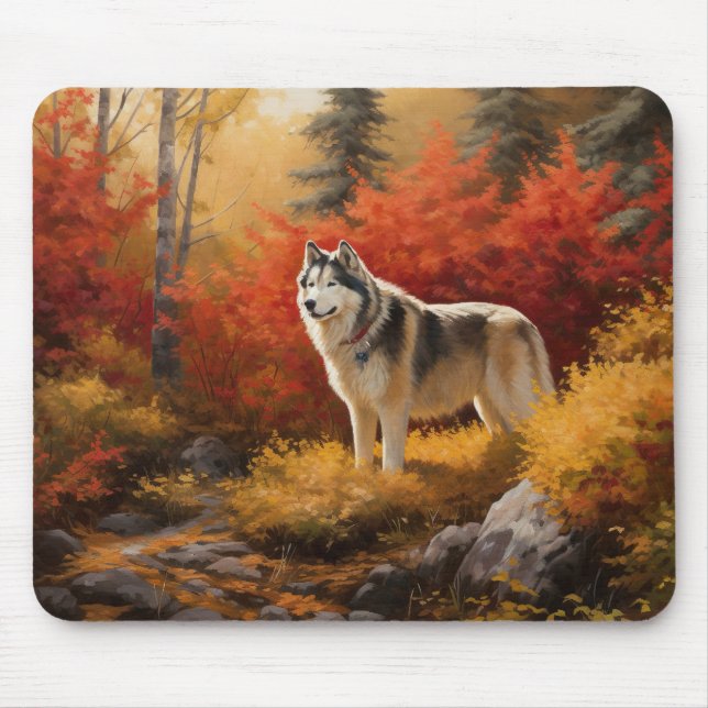 Alaskan Malamute im Herbstfall Inspiriert Mousepad (Vorne)