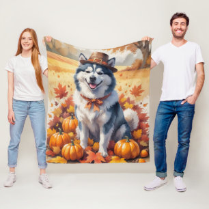 Alaskan Malamute im Herbstlaub Thanksgiving Kunst Fleecedecke