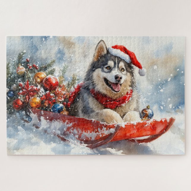 Alaskan Malamute in Sledge Let it Schnee Weihnacht (Horizontal)