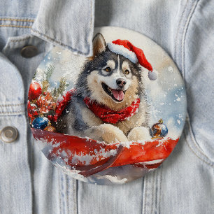 Alaskan Malamute in Sledge Let it Schnee Weihnacht Button