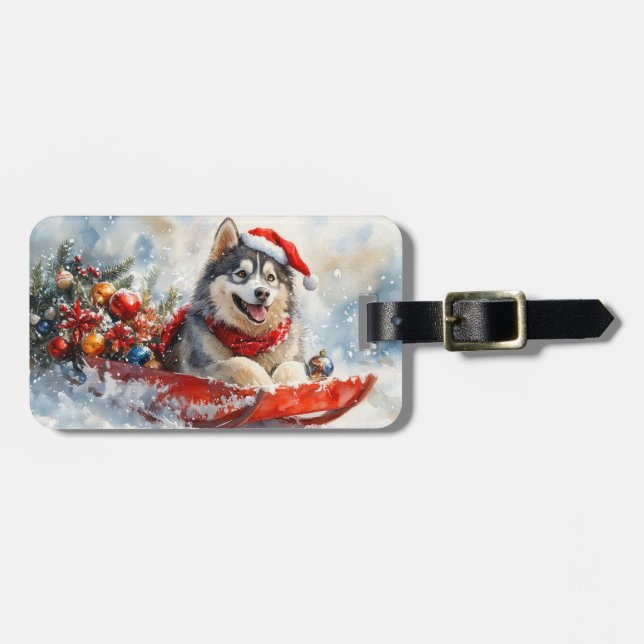 Alaskan Malamute in Sledge Let it Schnee Weihnacht Gepäckanhänger (Vorderseite horizontal)