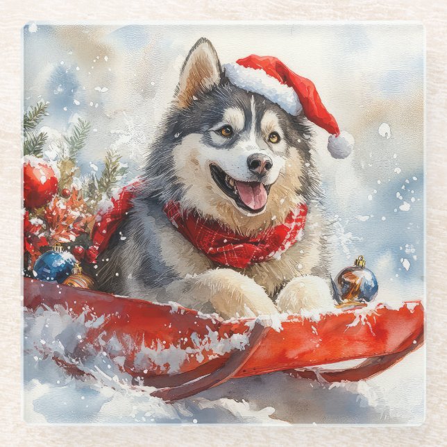 Alaskan Malamute in Sledge Let it Schnee Weihnacht Glasuntersetzer (Vorderseite)