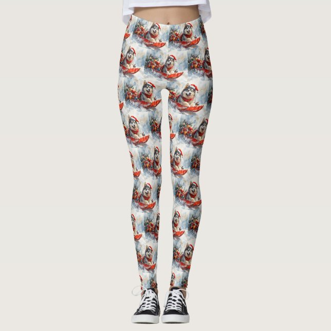 Alaskan Malamute in Sledge Let it Schnee Weihnacht Leggings (Vorderseite)
