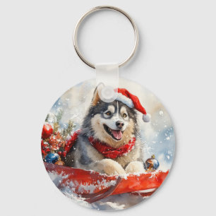 Alaskan Malamute in Sledge Let it Schnee Weihnacht Schlüsselanhänger