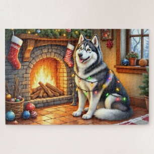 Alaskan Malamute Kamin mit Weihnachtslichtern