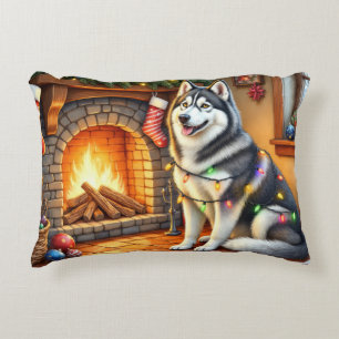 Alaskan Malamute Kamin mit Weihnachtslichtern Dekokissen