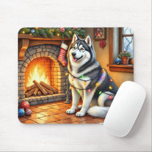 Alaskan Malamute Kamin mit Weihnachtslichtern Mousepad