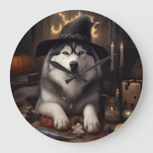 Alaskan Malamute Kürbisse Halloween Gruselig Große Wanduhr