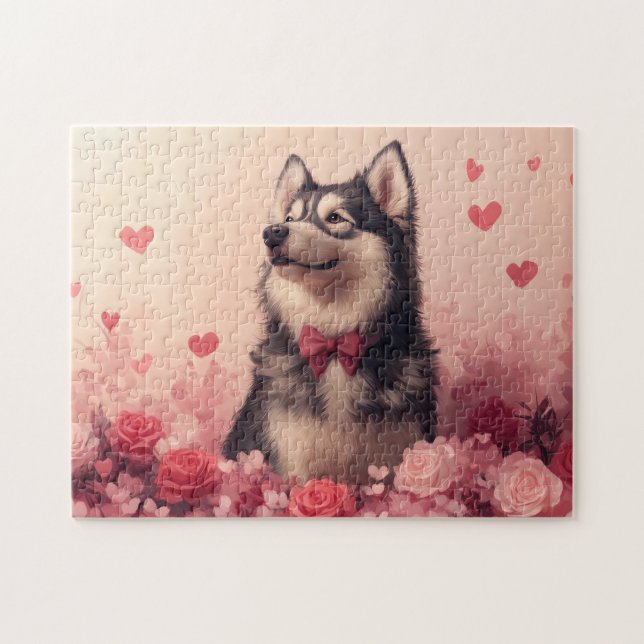 Alaskan Malamute mit Rose - Valentinstag (Horizontal)