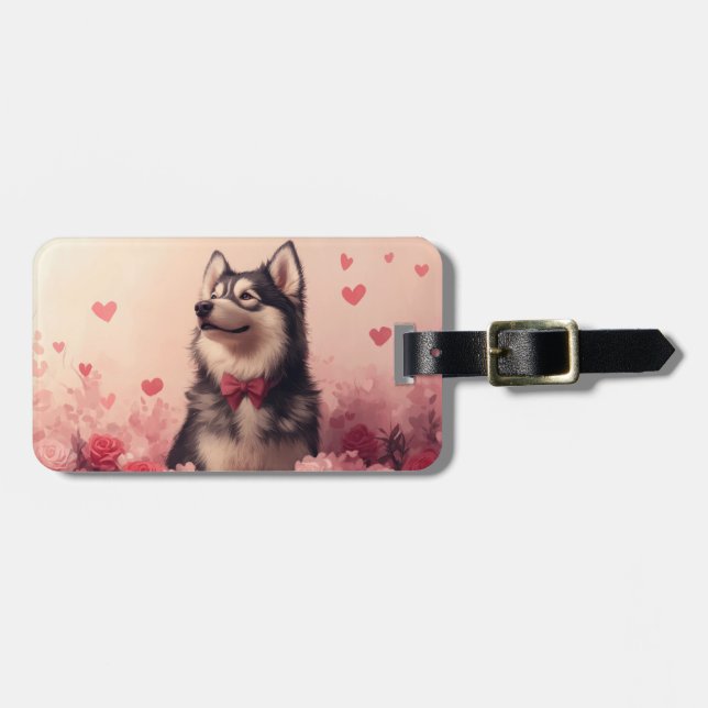 Alaskan Malamute mit Rose - Valentinstag Gepäckanhänger (Vorderseite horizontal)