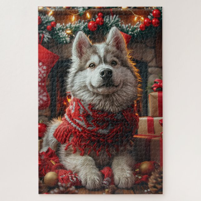 Alaskan Malamute mit Weihnachtsgeschenken Feuerpla (Vertikal)