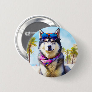 Alaskan Malamute on Beach, Sommergeschenk Button
