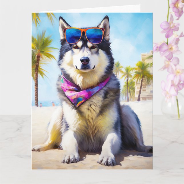 Alaskan Malamute on Beach, Sommergeschenk Karte (Orchidee)