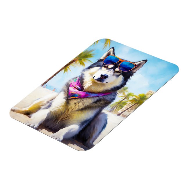 Alaskan Malamute on Beach, Sommergeschenk Magnet (Linke Seite)