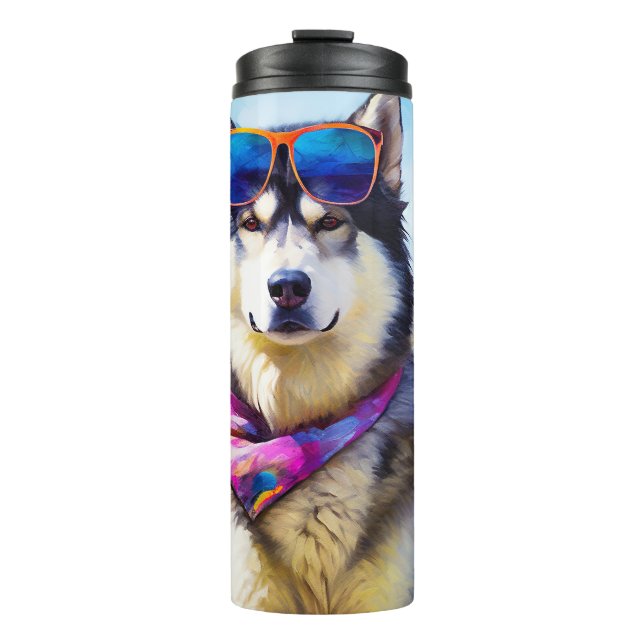 Alaskan Malamute on Beach, Sommergeschenk Thermosbecher (Vorderseite)