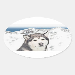 Alaskan Malamute Painting - Niedliche Original Dog Ovaler Aufkleber
