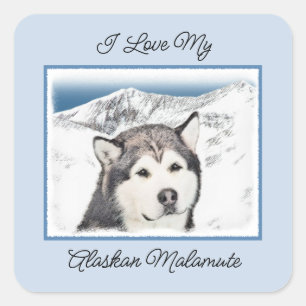 Alaskan Malamute Painting - Niedliche Original Dog Quadratischer Aufkleber