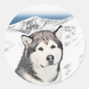 Alaskan Malamute Painting - Niedliche Original Dog Runder Aufkleber