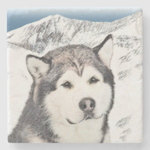 Alaskan Malamute Painting - Niedliche Original Dog Steinuntersetzer