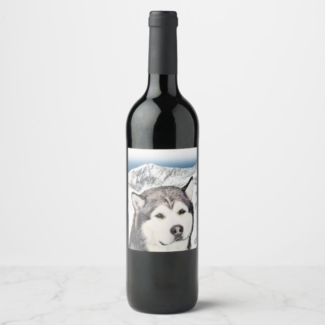 Alaskan Malamute Painting - Niedliche Original Dog Weinetikett (Vorderseite)