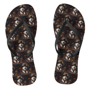 Alaskan Malamute Pumpkins Halloween Beängstigend Flip Flops