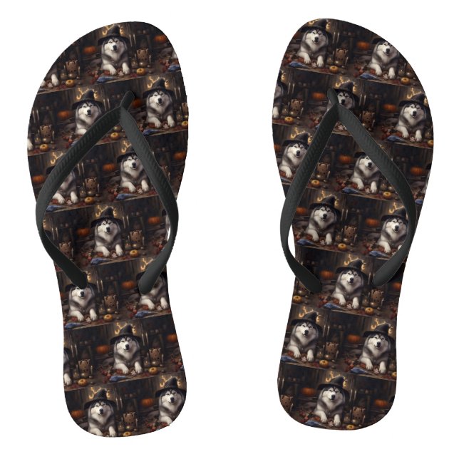 Alaskan Malamute Pumpkins Halloween Beängstigend Flip Flops (Fußbett)