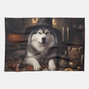 Alaskan Malamute Pumpkins Halloween Beängstigend Geschirrtuch