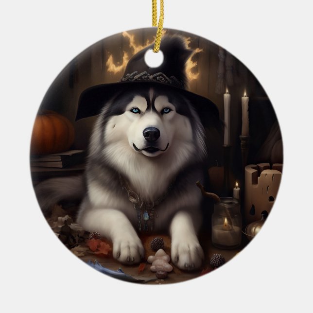 Alaskan Malamute Pumpkins Halloween Beängstigend Keramik Ornament (Vorne)