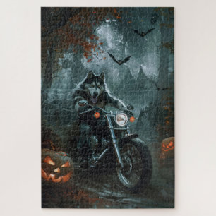 Alaskan Malamute Riding Motorrad Halloween Beängst