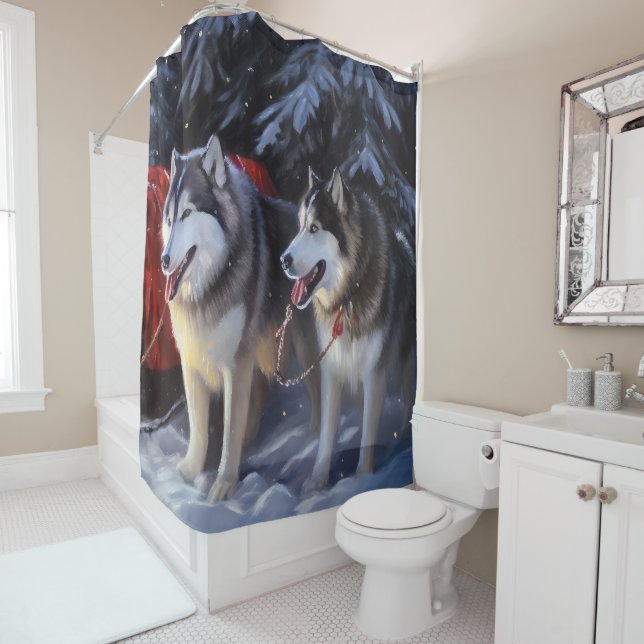 Alaskan Malamute Snowy Sleigh Riff Weihnachten Duschvorhang (Beispiel)